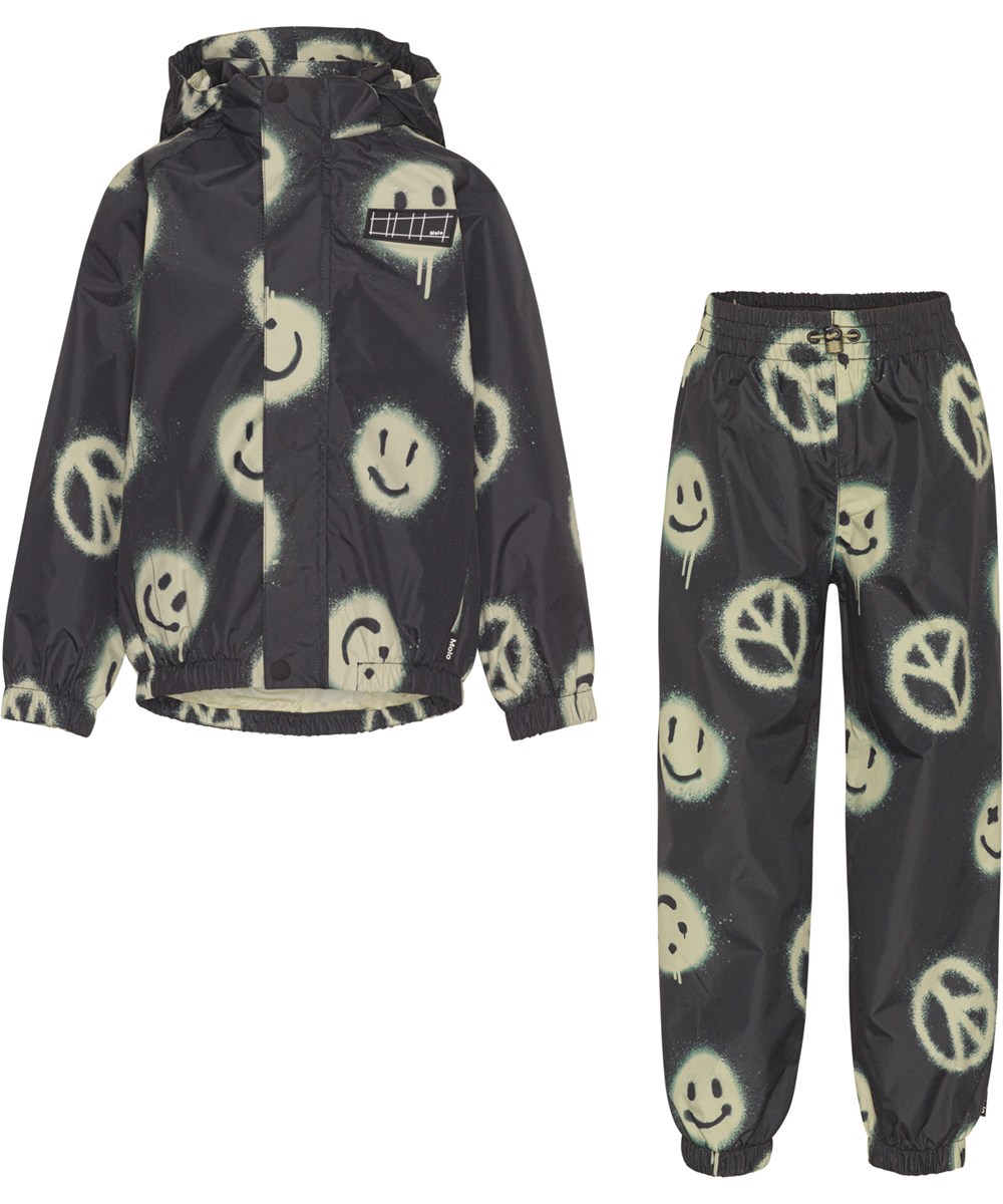 Whalley - Happy Peace - Regenset in Schwarz mit einem Aufdruck aus gelben Smileys