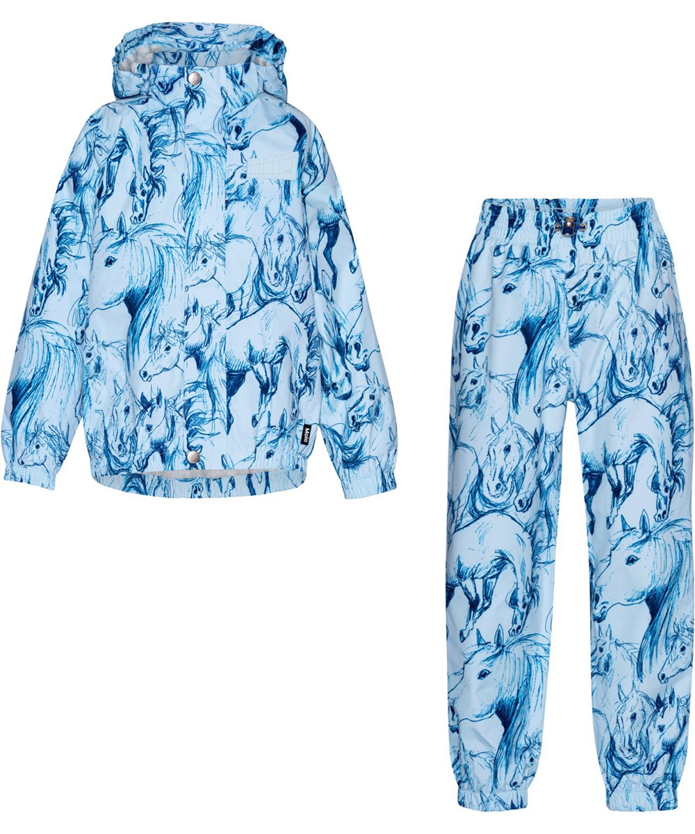 Whalley - Sky Blue Horses - Hellblaues Regenset für Kinder aus atmungsaktivem Material mit Pferdeaufdruck.