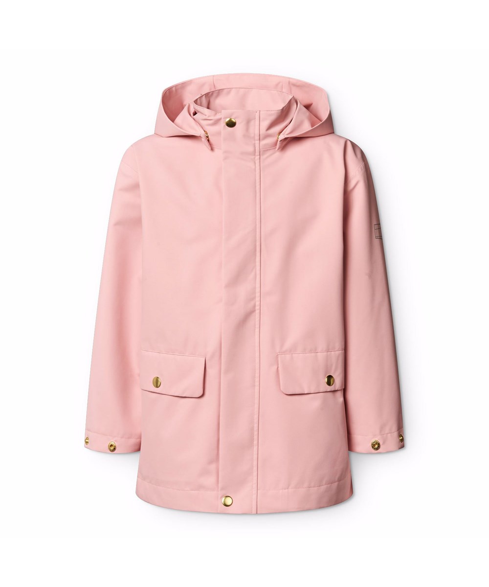 Windy - Rosequartz - Pinkfarbener wind- und wasserdichter Regenmantel für Kinder aus recyceltem Polyester mit abnehmbarer Kapuze.