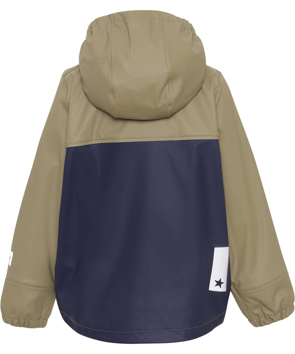 Zan - Khaki Green Block - Regenjacke aus recyceltem Gummi in Blockfarben mit Dunkelblau und Khaki