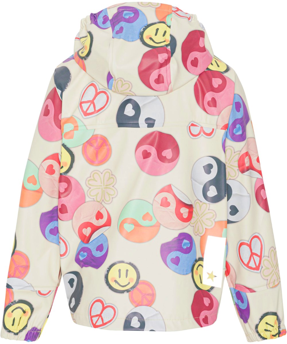 Zan - Yin Yang - Gummi-Regenjacke mit einem Aufdruck aus fröhlichen Gesichtern, Herzen, Friedenszeichen sowie Yin- und Yang-Symbolen.