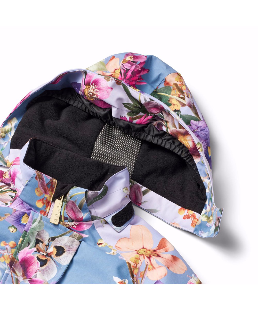 Hux - Gradient Bloom - Blauer und lila Kinder-Schneeanzug aus recyceltem Polyester mit Blumenmuster.