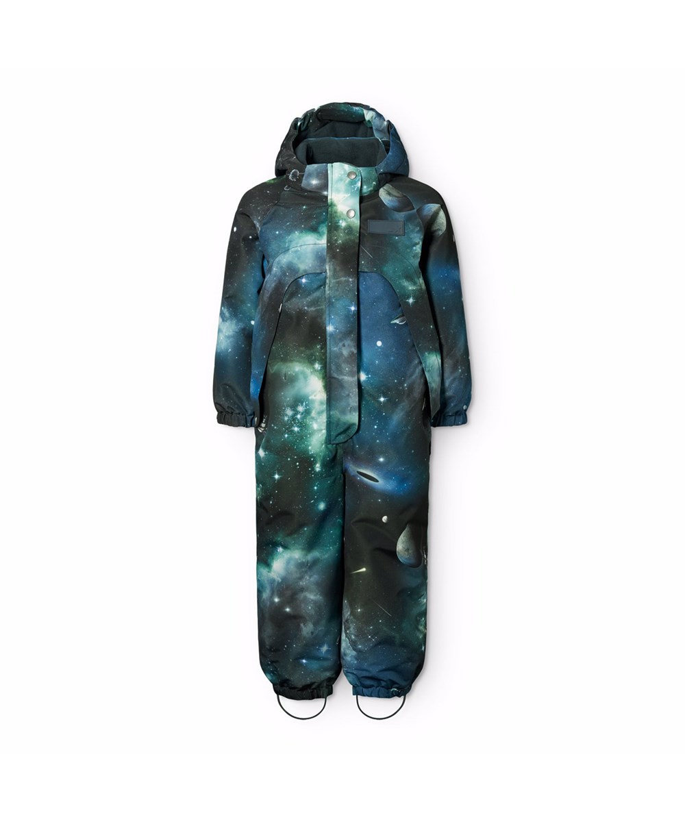 Pingo - Far Out - Wasserabweisender Overall mit Weltraumdruck, hergestellt aus recyceltem Nylon und für Temperaturen bis zu -10°C geeignet.