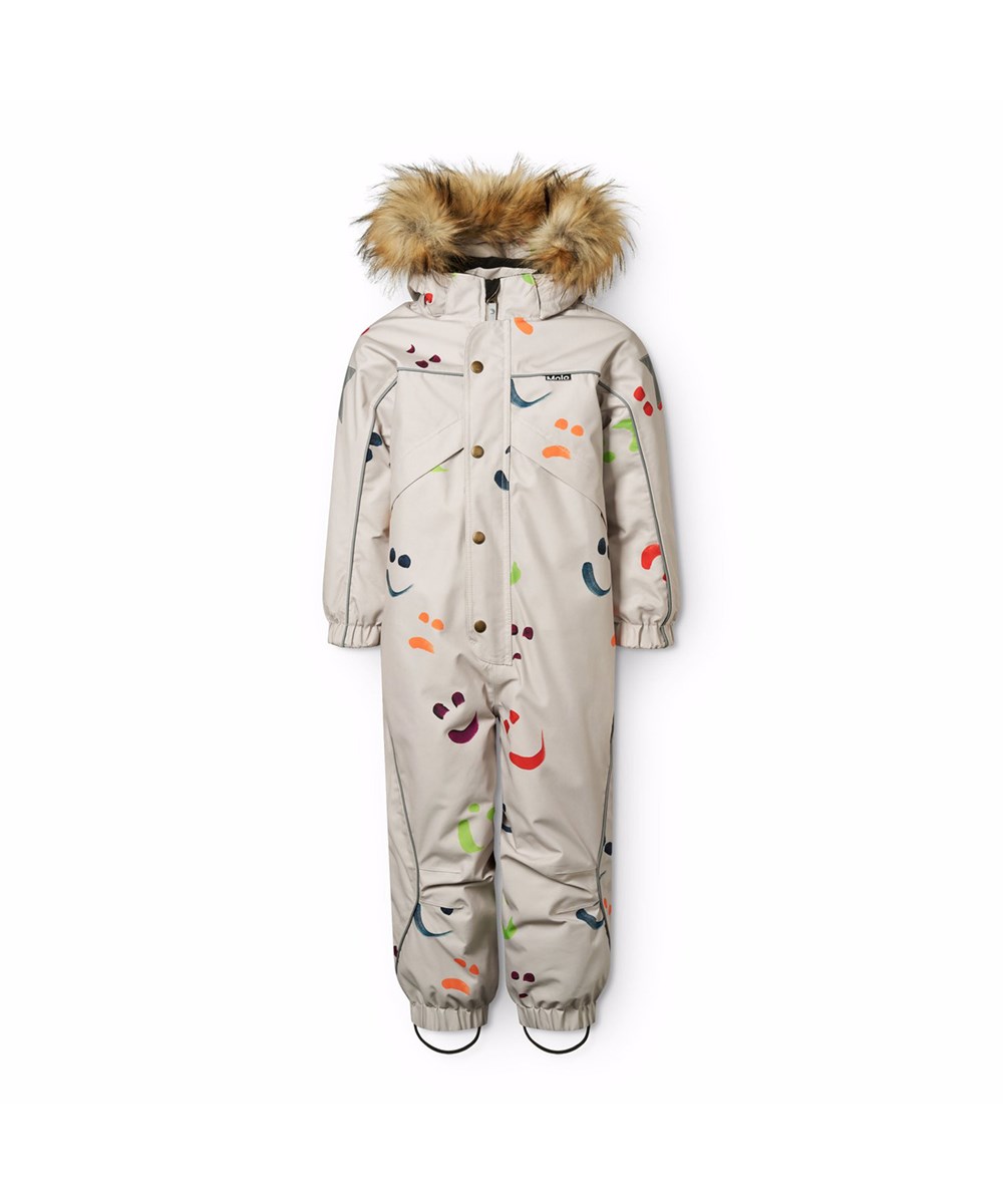 Polaris Fur - Arty Emotions - Wind- und wasserdichter Schneeanzug mit einem Druck von bunten lächelnden Gesichtern für einen kalten Winter oder Skiurlaub aus recyceltem Polyester und gefüttert mit 3M™ Thinsulate™.