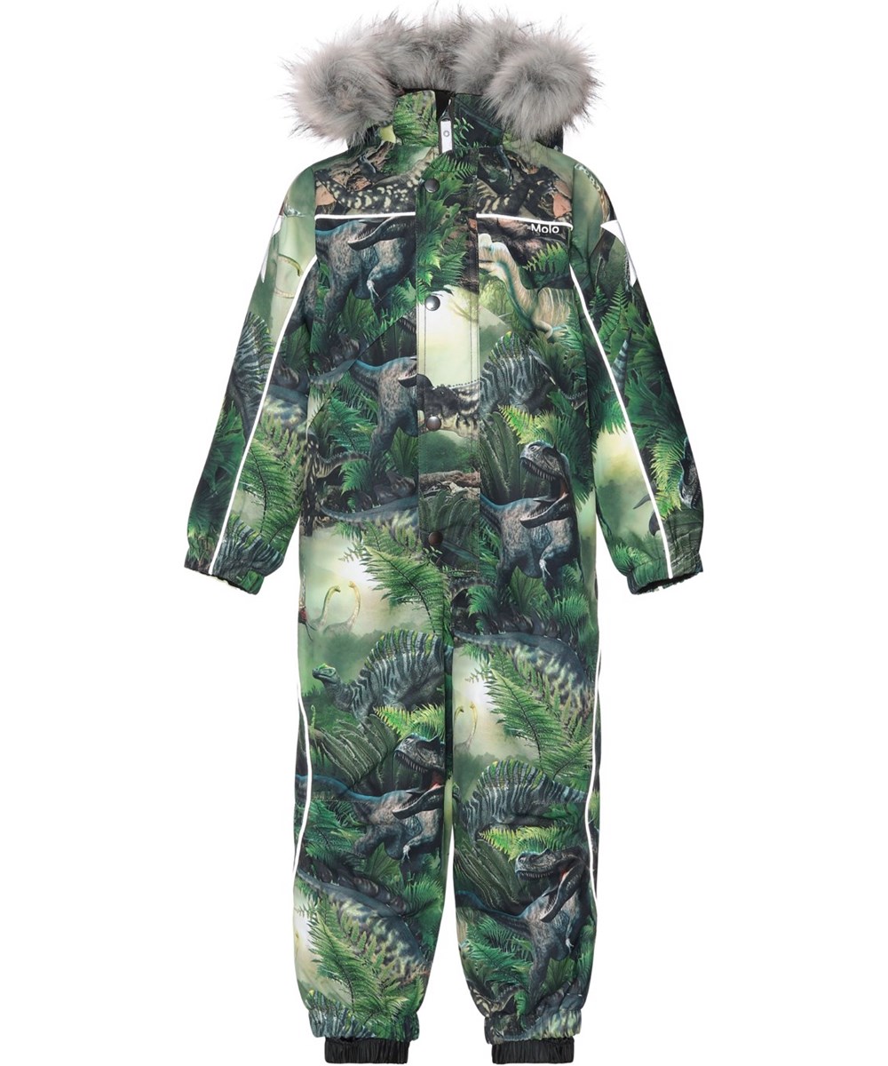 Polaris Fur - Dino Forest - Recycelter grüner Fliegeranzug mit Dinosaurier-Print und Fell