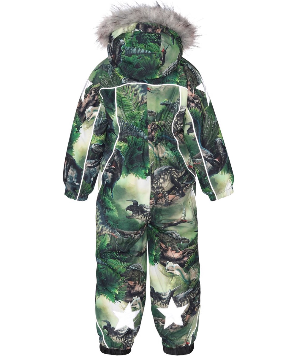 Polaris Fur - Dino Forest - Recycelter grüner Fliegeranzug mit Dinosaurier-Print und Fell