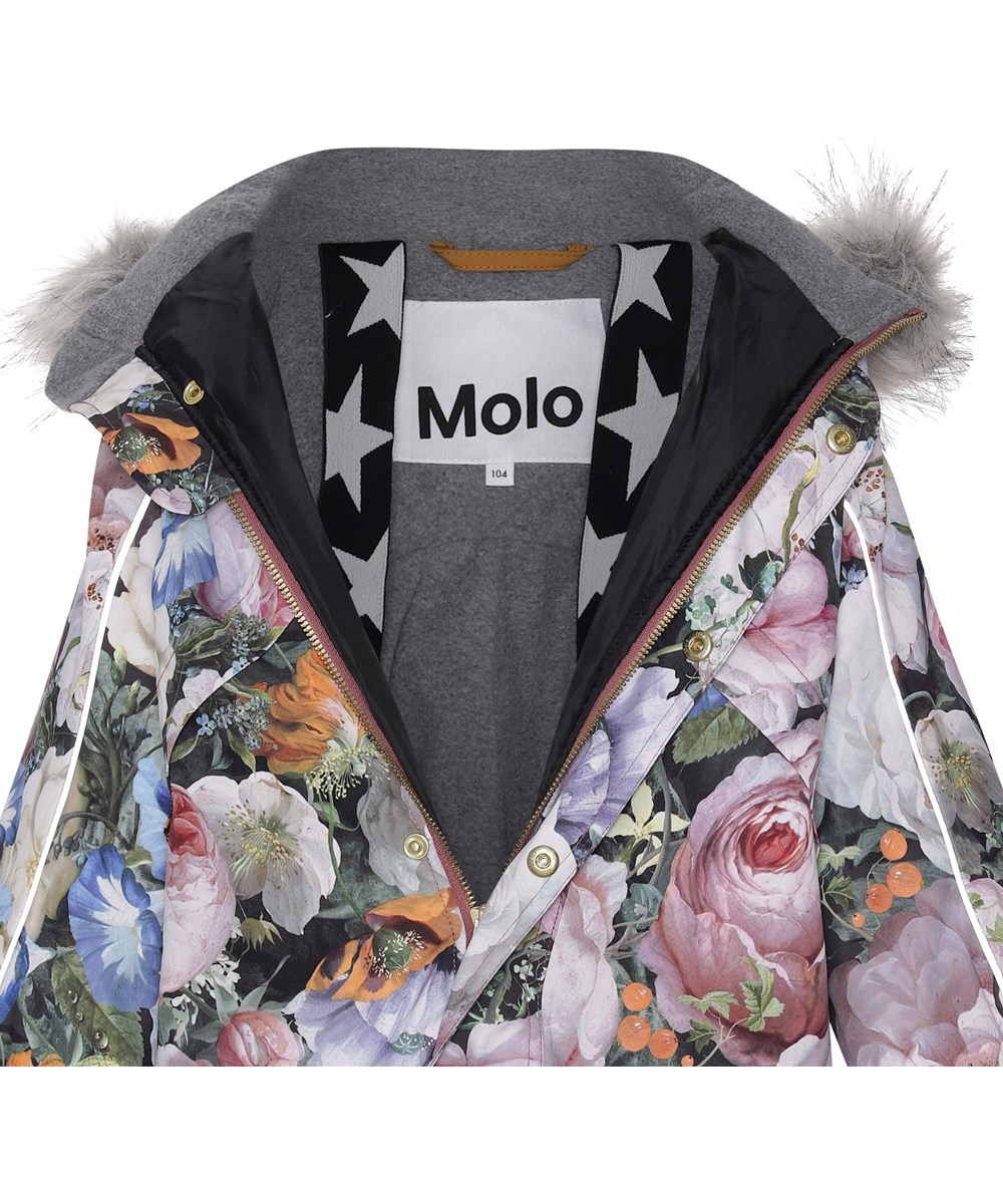 Polaris Fur - Still Life - Recycelter Fliegeranzug mit Blumendruck und Pelz