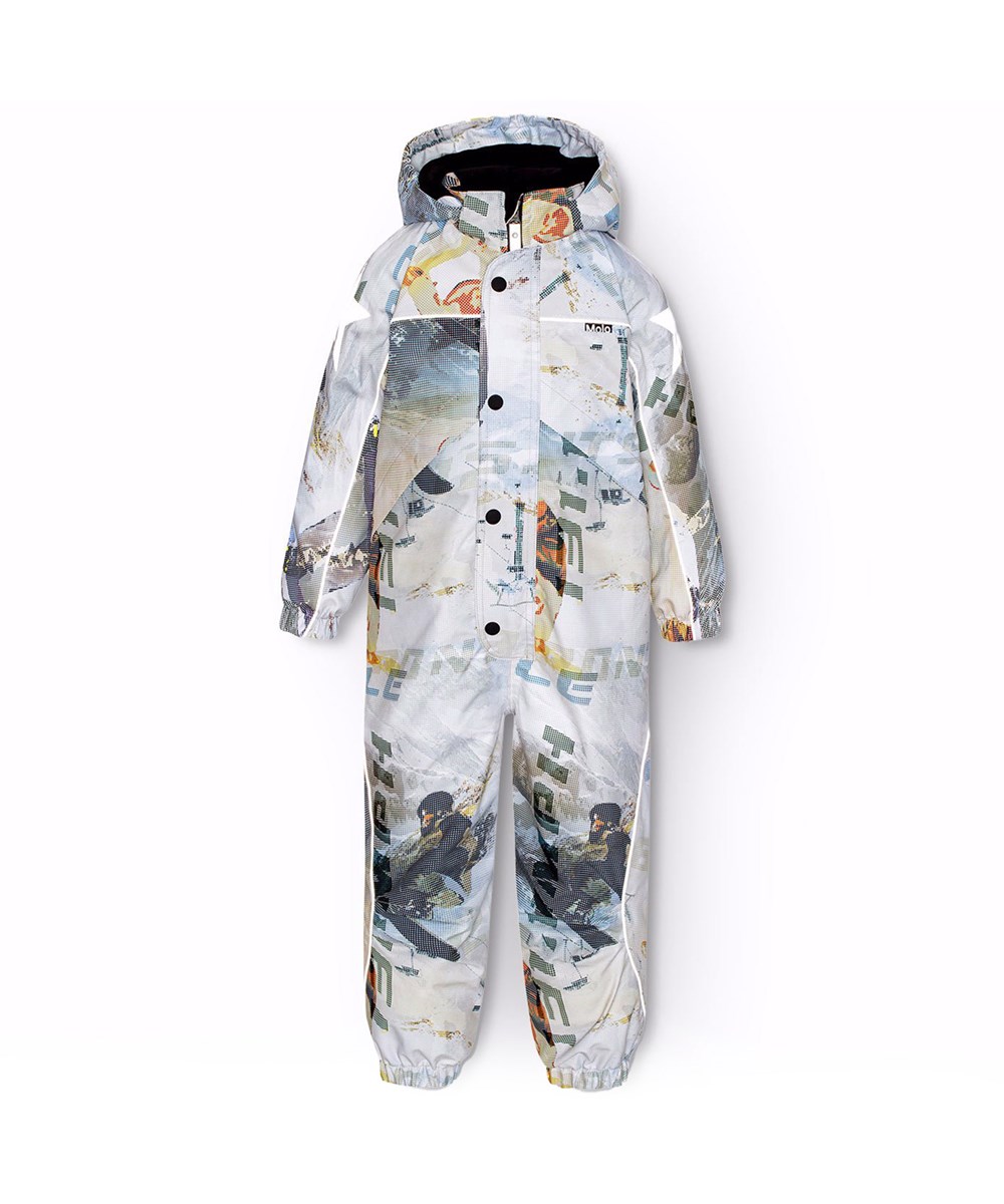 Polaris - Spin 1260 - Kinder-Schneeanzug aus recyceltem Polyester mit einem Pixel-Druck eines coolen Snowboarders in den Alpen.