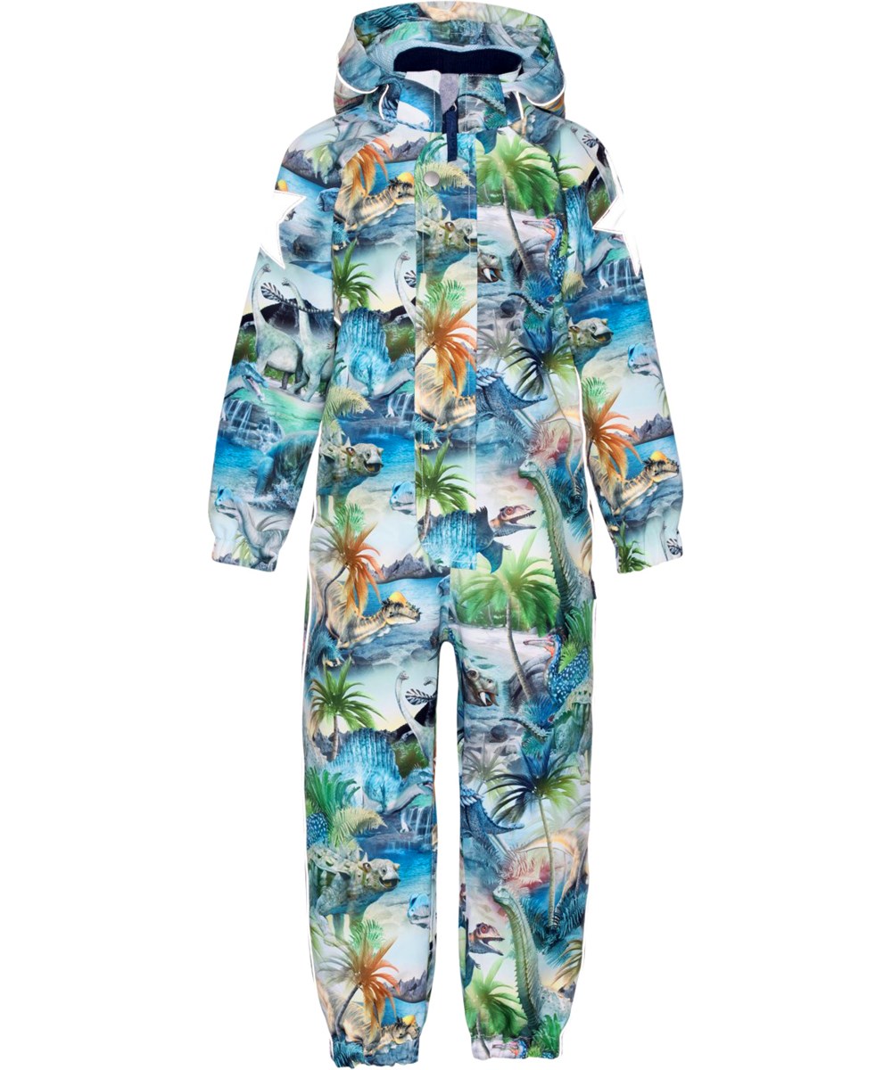 Polly - Dino Fantastic - Wasserdichter Sommer-Overall in Blau und Grün mit Dinosaurier-Aufdruck.