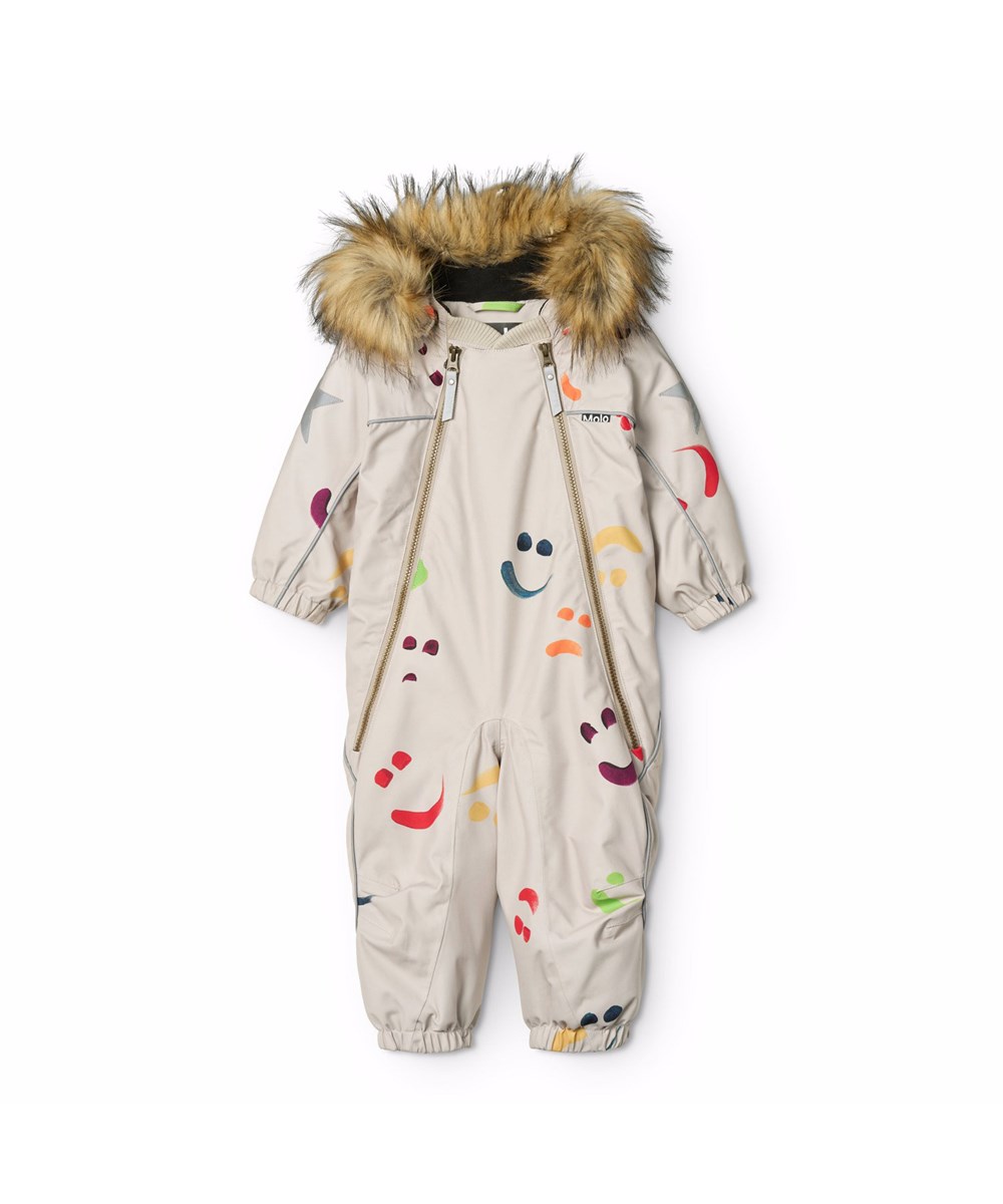 Pyxis Fur - Arty Emotions - Beiger wind- und wasserdichter Schneeanzug für einen kalten Winter mit einem Druck von bunten lächelnden Gesichtern aus recyceltem Polyester und gefüttert mit 3M™ Thinsulate™.