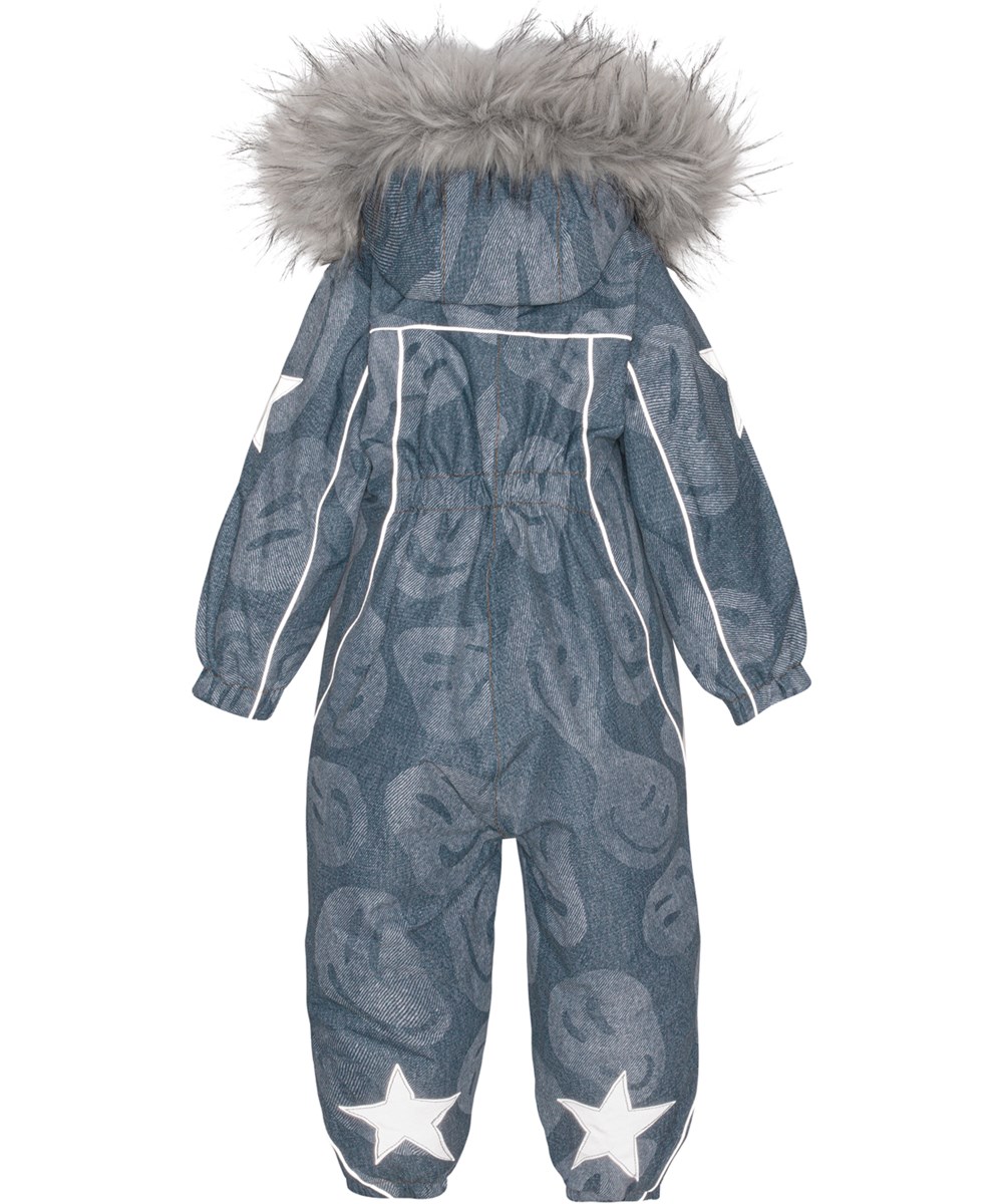 Pyxis Fur - Denim Swirley - Recycelter Schneeanzug in Blau mit Gesichtsaufdruck