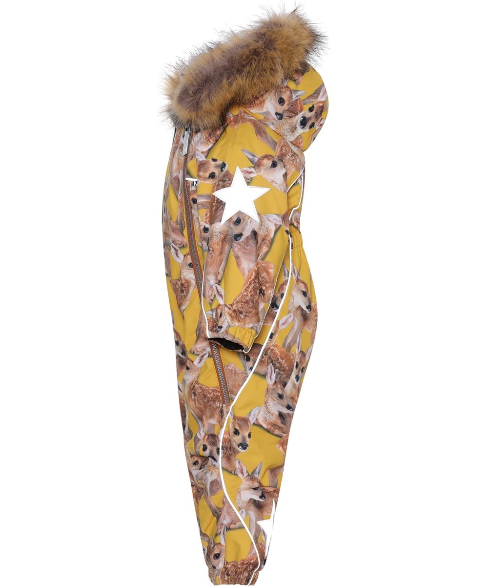 Pyxis Fur - Fawns - Recycelter Baby-Schneeanzug in Gelb mit Hirsch-Aufdruck