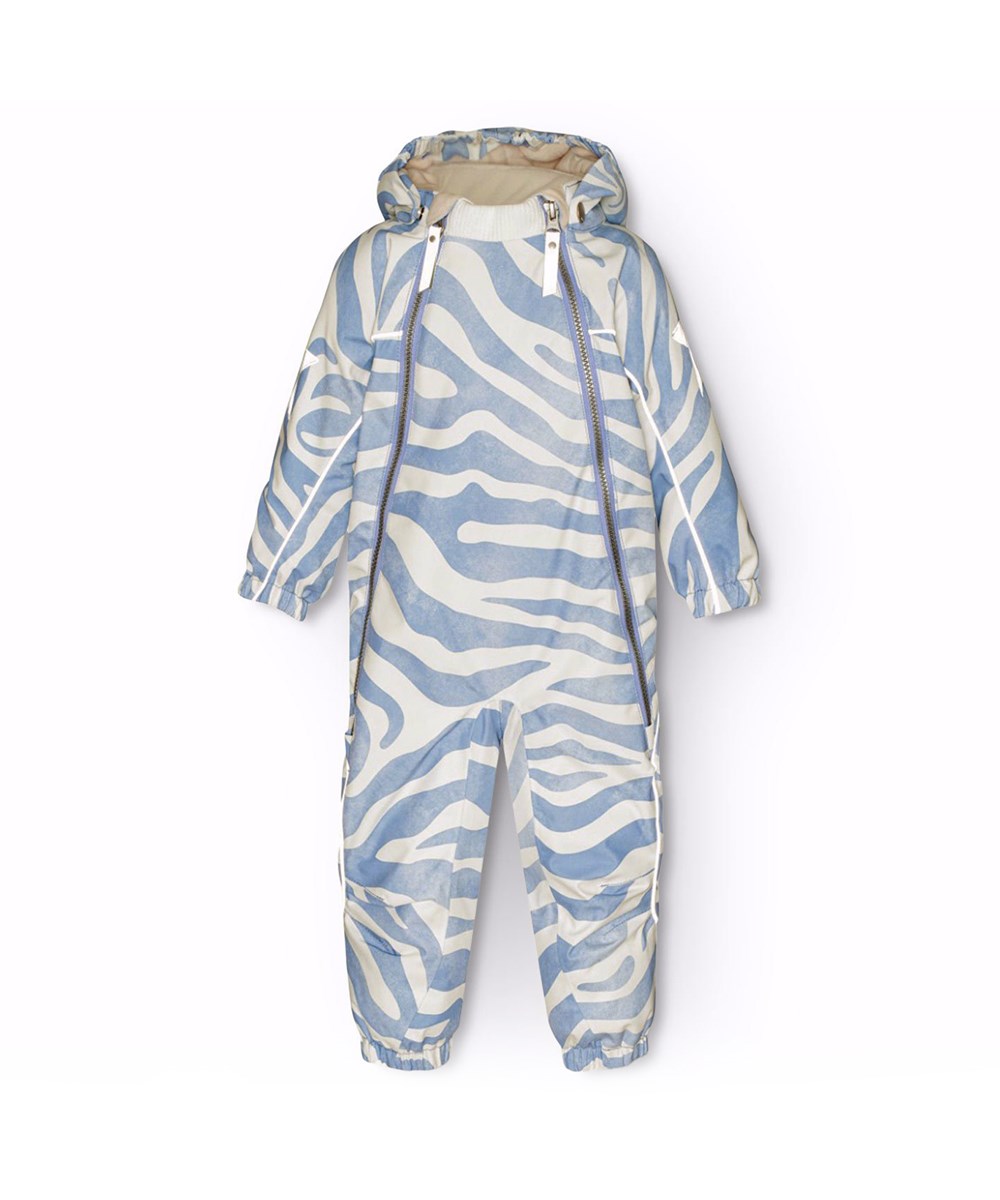 Pyxis - Zebra Blue - Kinder-Schneeanzug aus recyceltem Polyester mit einem Druck in lavendelblau und cremeweißen Zebra-Streifen.