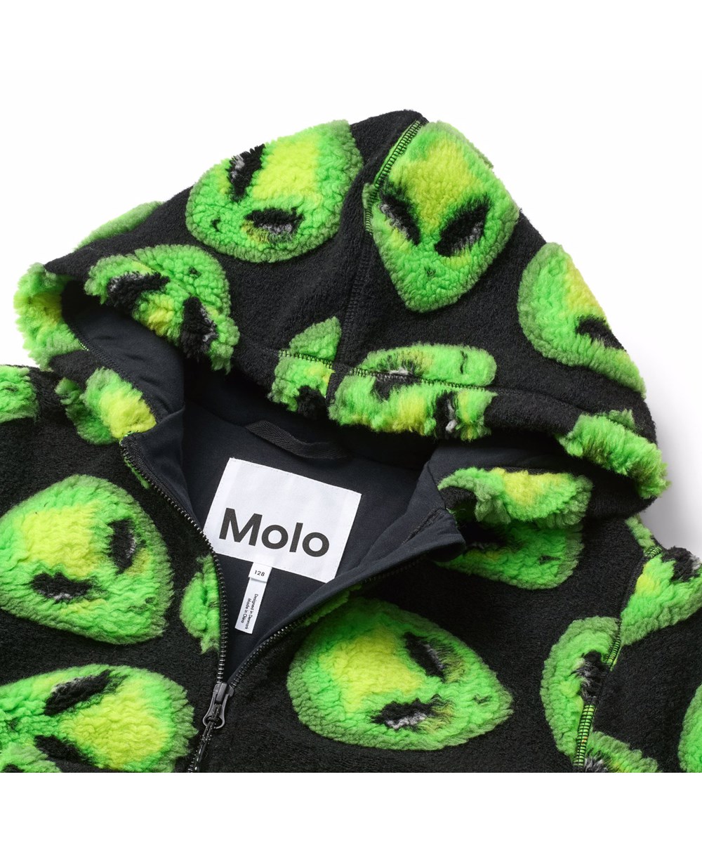 Hazzy - Alien Puff - Black fleece jacket for children in recycled polyester with neon green alien faces.