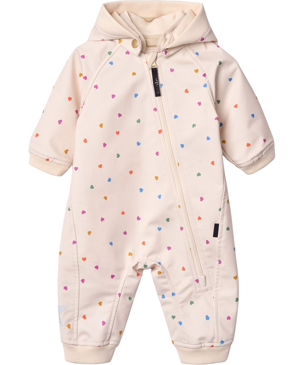Hill - Confetti_Rainbow - Beige wind and water-repellent softshell suit for the little ones with fleece lining and heart print.
