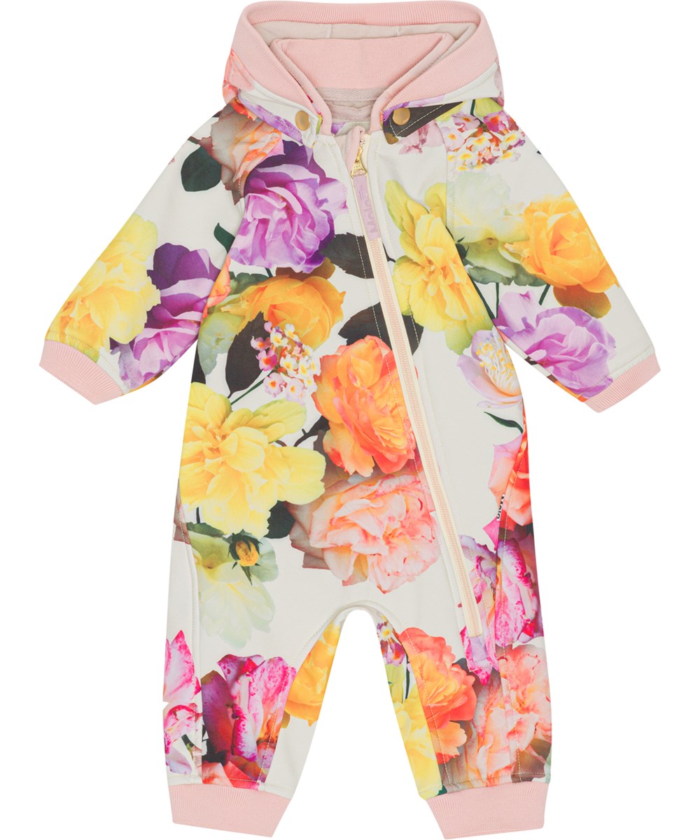 Hill - Rose Park Yellow - Softshell baby romper in grey with floral print 