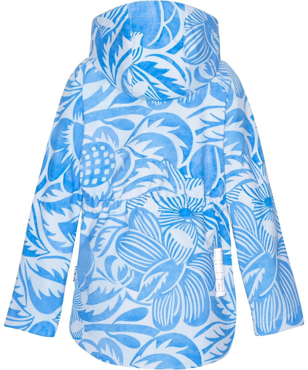 Hillary - Charleston Blue - Blue, softshell children's jacket, partially constructed in recycled polyester with leaf and flower print.