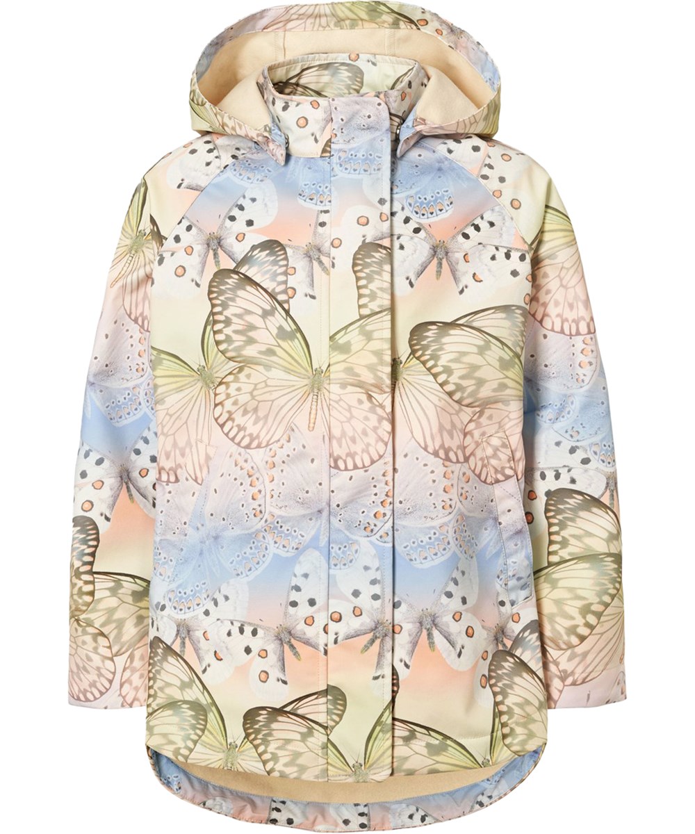 Hillary - Faded Butterflies - Wind and water-repellent jacket for children made from recycled polyester with fleece lining and a butterfly print in soft pastel tones.