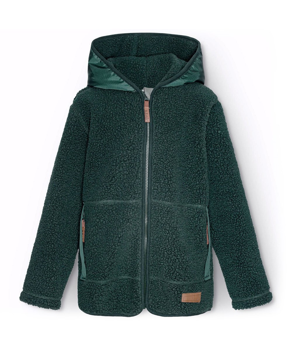Uberto - Ponderosa Pine - Green fleece jacket for children with a front zip, hood, and large pockets on the front.