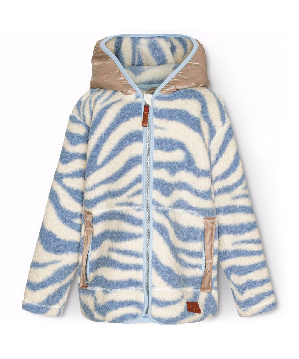 Uberto - Zebra Blue - Zebrastriped fleece jacket for children in lavender blue with a front zipper, pink hood, and large front pockets.