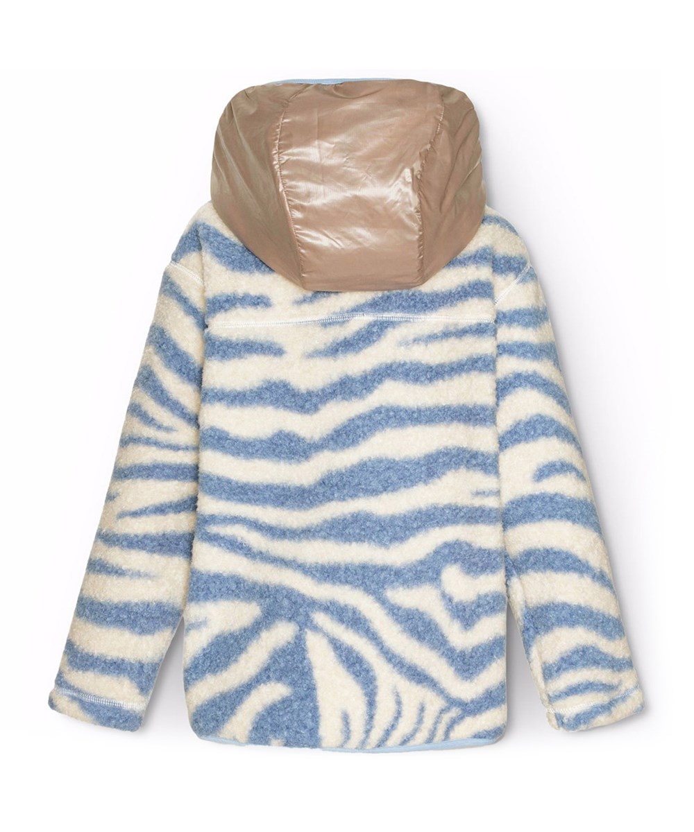 Uberto - Zebra Blue - Zebrastriped fleece jacket for children in lavender blue with a front zipper, pink hood, and large front pockets.
