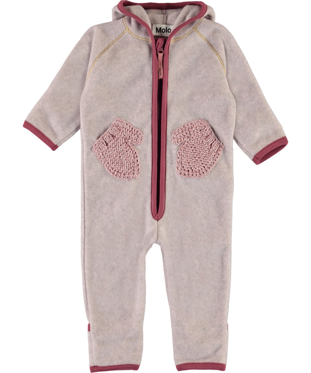 Udo - Fair Pink - Baby fleece romper in rose with mittens 