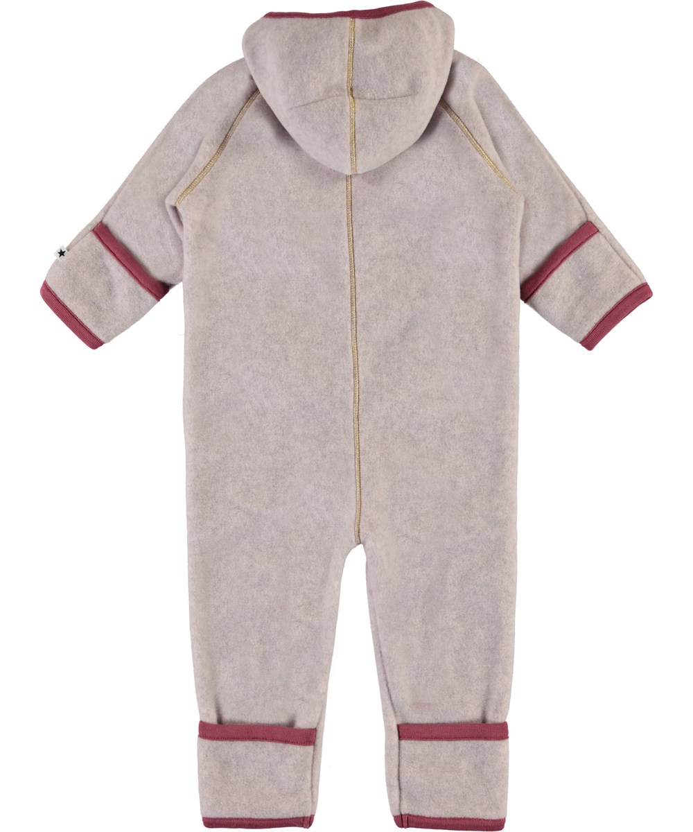 Udo - Fair Pink - Baby fleece romper in rose with mittens 