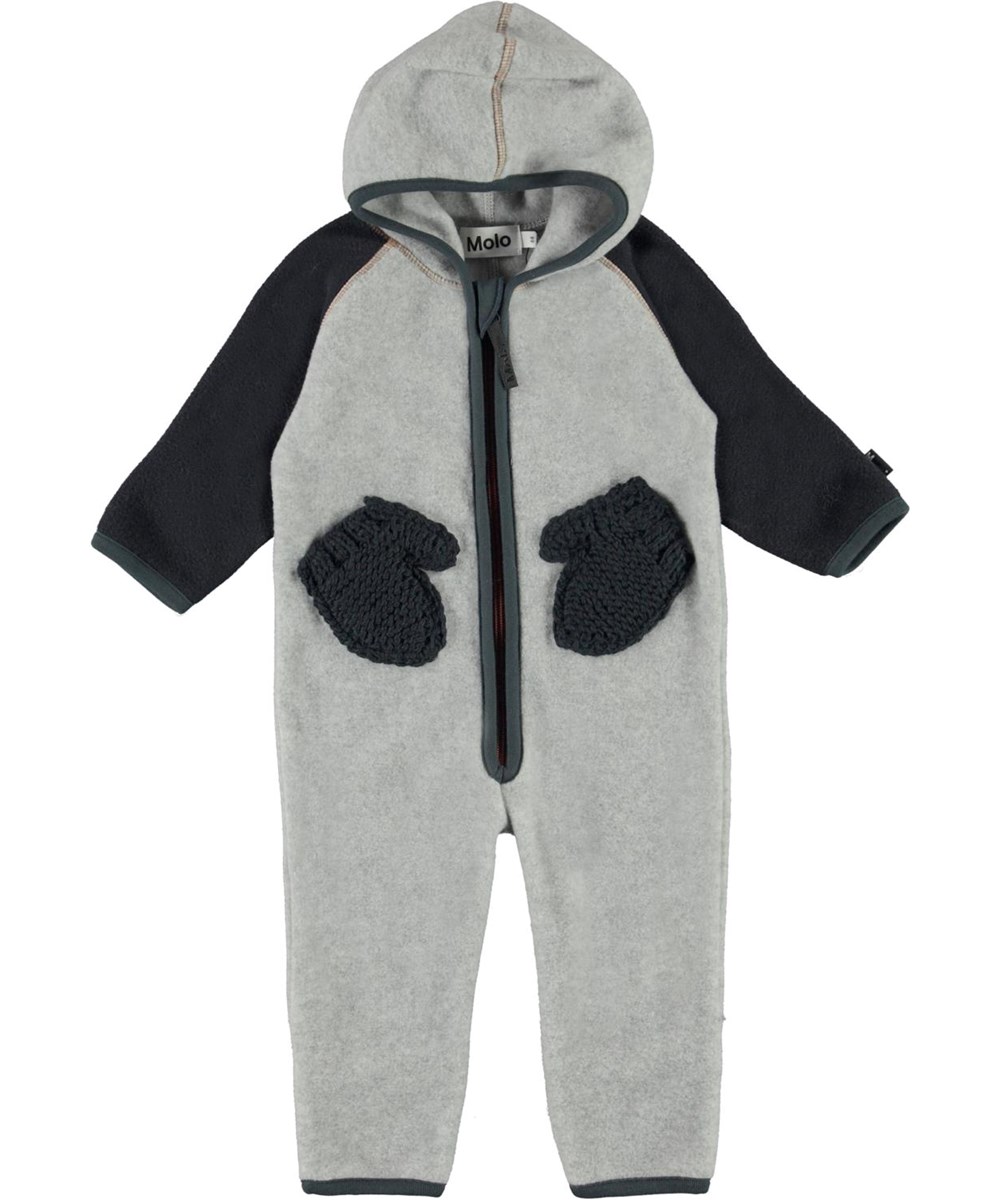 Udo - Grey Melange - Grey baby fleece romper with mitten pockets 
