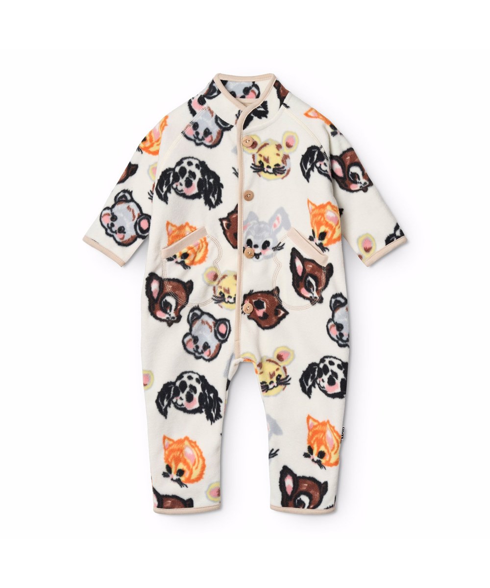 Udo - Itty Bitty Vanilla - White fleece suit for the little ones in recycled polyester, with practical button closure at the front and print of cute animals from old cartoons.