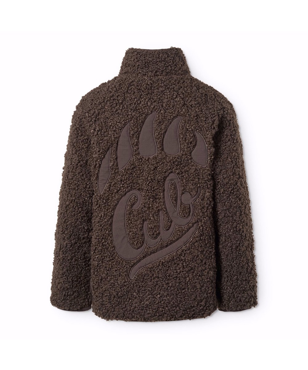 Ulan - Dark Cocoa - Dark brown fleece jacket for children made of recycled polyester with a nice back patch in durable nylon.