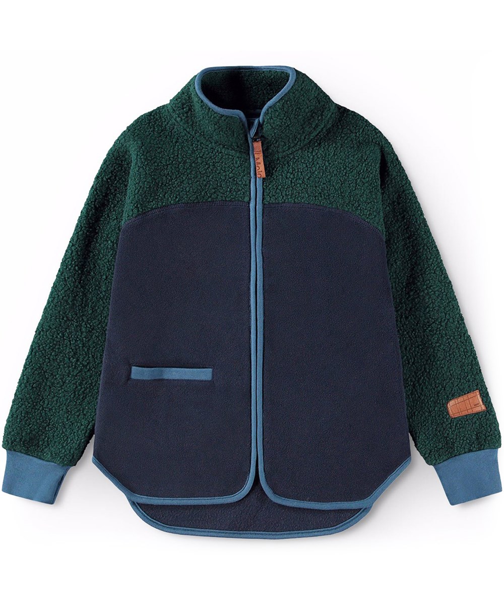 Ulani - Dark Night - Dark blue and green fleece jacket for children with blue details, zip on the front, a single side pocket, and ribbed cuffs.