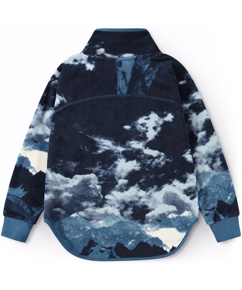 Ulani - Mountain Polar - Dark blue fleece jacket for children with a placement print, zip at the front, a single side pocket and ribbed cuffs at the sleeves.