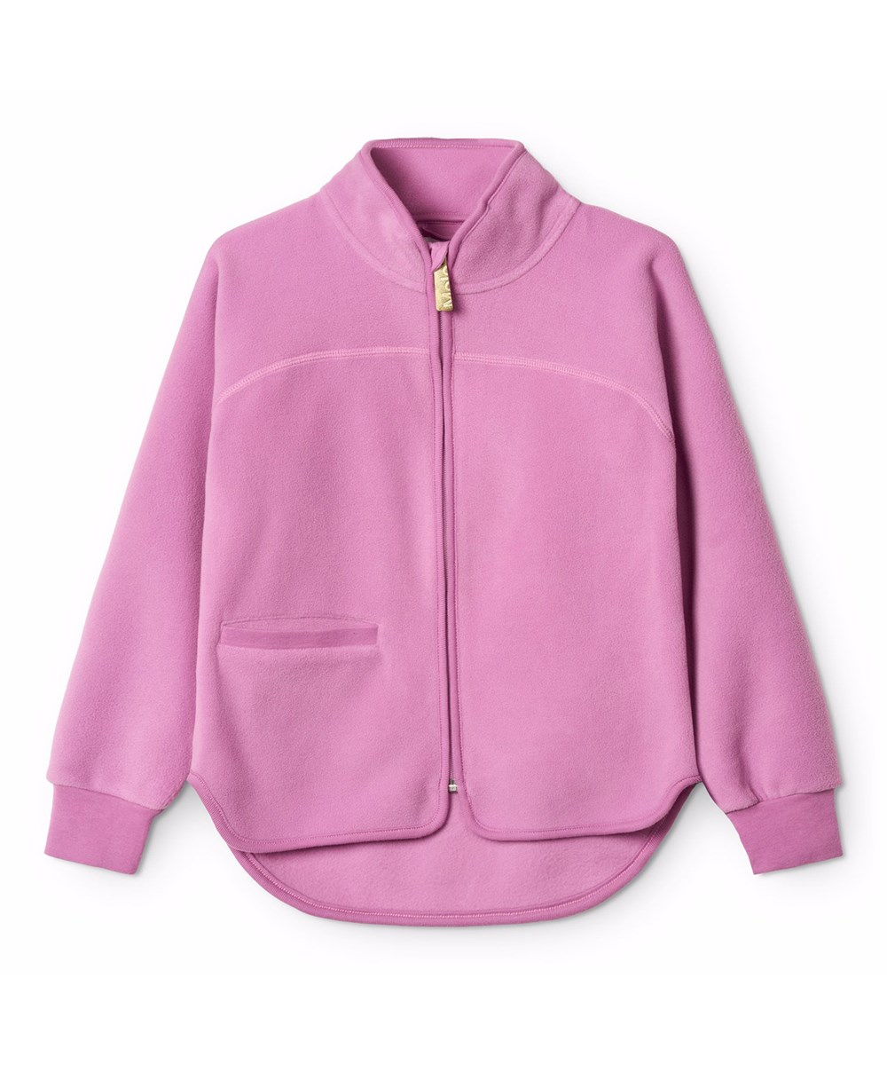Ulani - Purple Ray - Light pink fleece jacket for children made of recycled polyester with matching ribbed edges and a front pocket.