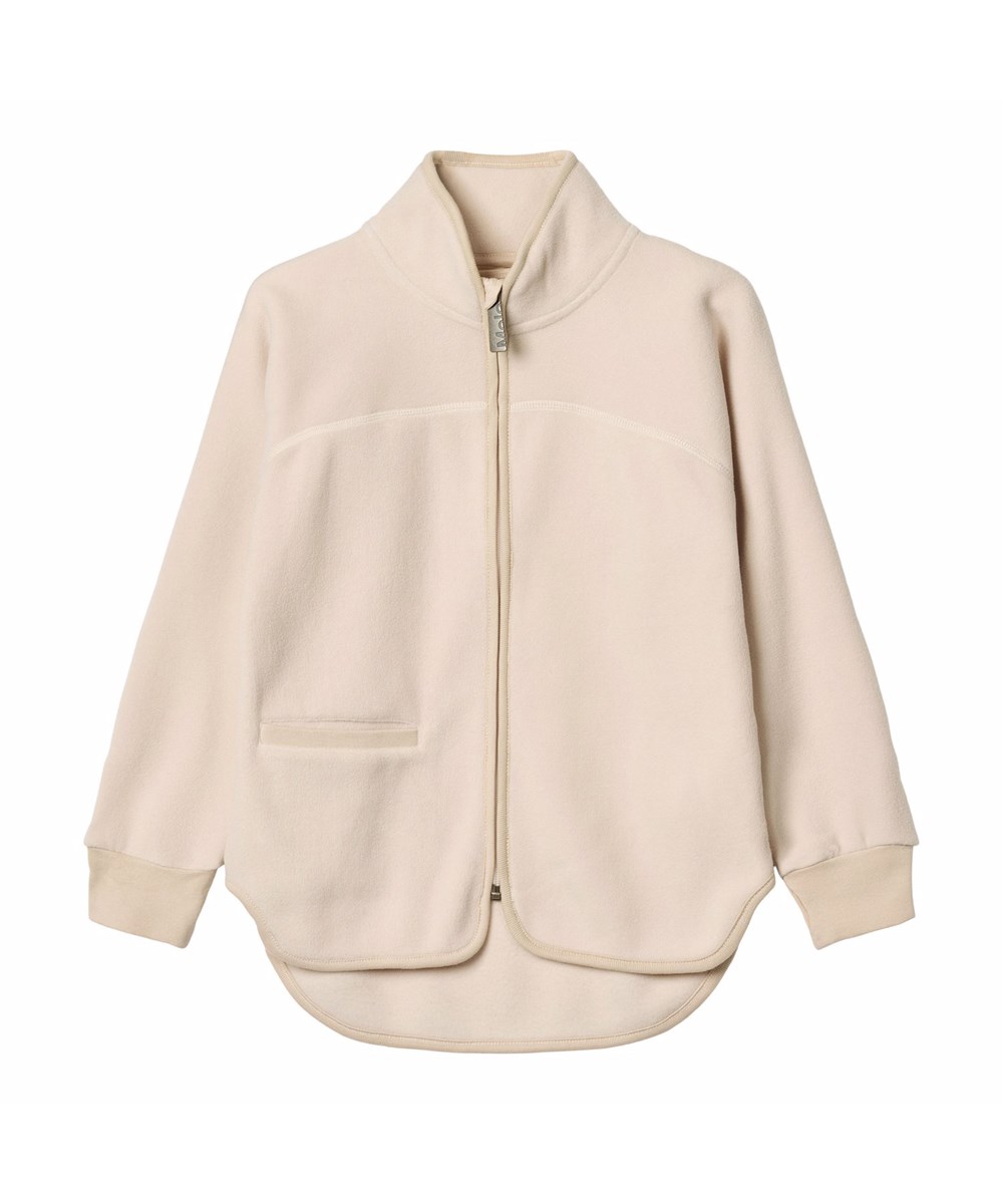 Ulani - Vanilla - Off-white fleece jacket for children made of recycled polyester with matching ribbed edges and a front pocket.
