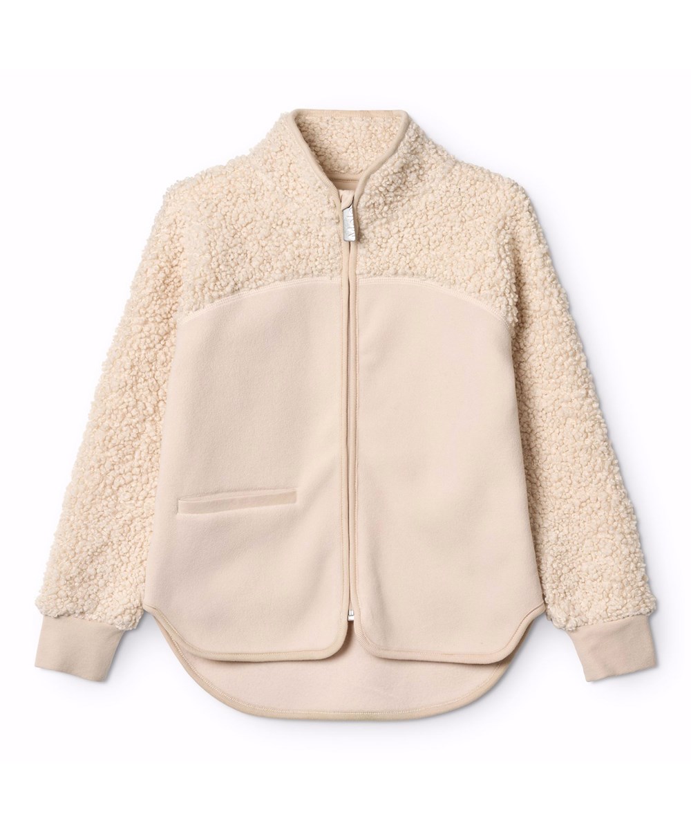 Ulani - Vanilla - Raw white fleece jacket for children in recycled polyester with matching ribbed edges and a front pocket.