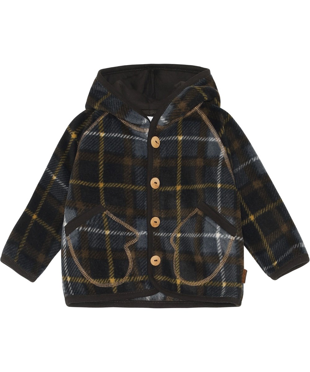 Uli - Grey Brown Check - Brown plaid recycled baby fleece jacket with hood
