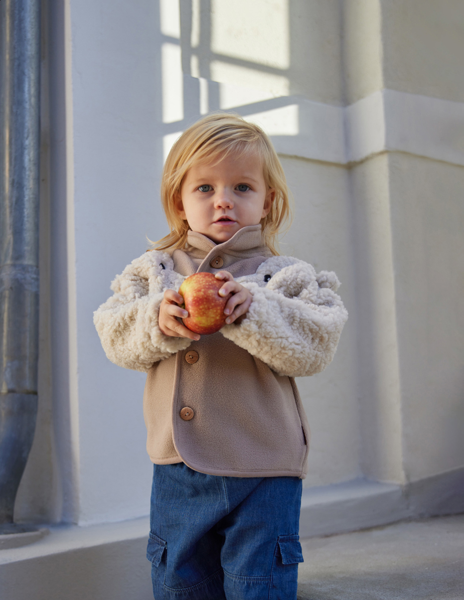 Uli - Mocha - Beige and off-white fleece jacket for babies and