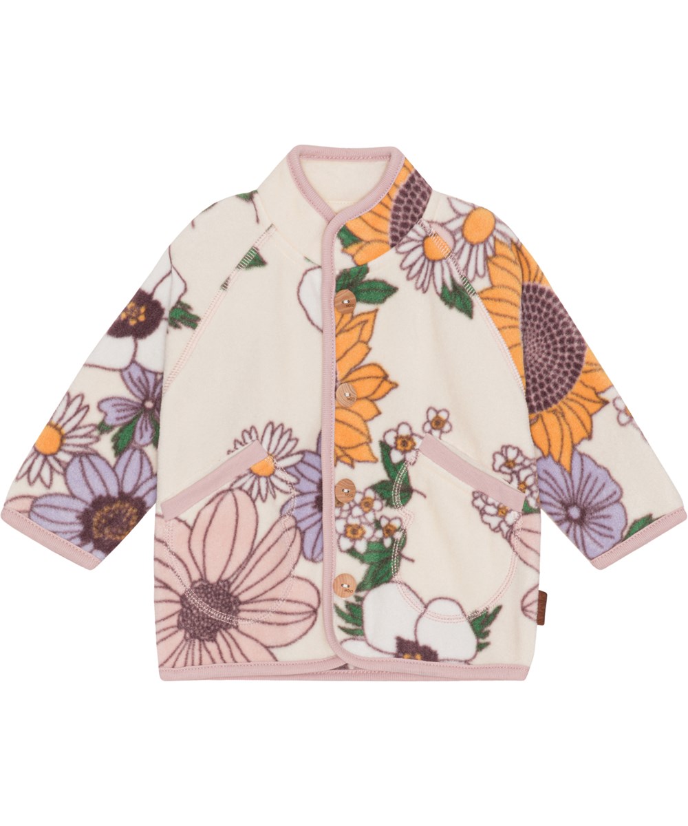 Uli - Retro Bloom - Pink baby fleece jacket with flower print in 100% recycled polyester