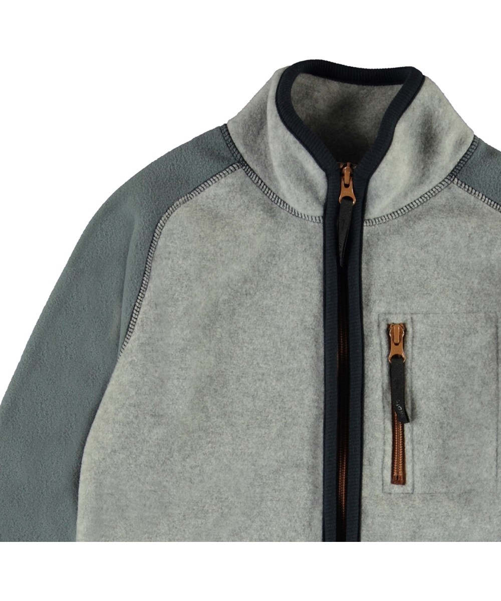 Ulrick - Grey Melange - Grey fleece jacket with green sleeves 