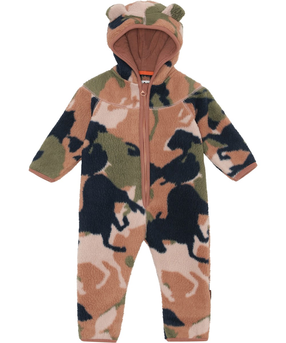 Umeko - Big Camo Horse - Recycled rose baby fleece romper with horses camouflage