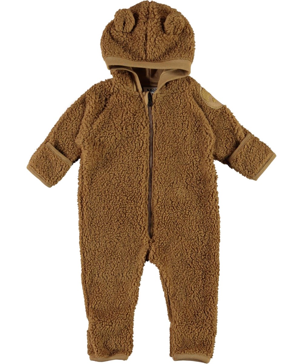 Umeko - Sandstone - Brown baby fleece romper with ears