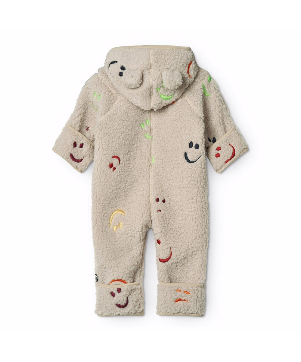 Umeko - Teddy Emotions - Beige fleece suit for the little ones in recycled polyester with border embroidered smiling faces in different colors and soft cotton lining.