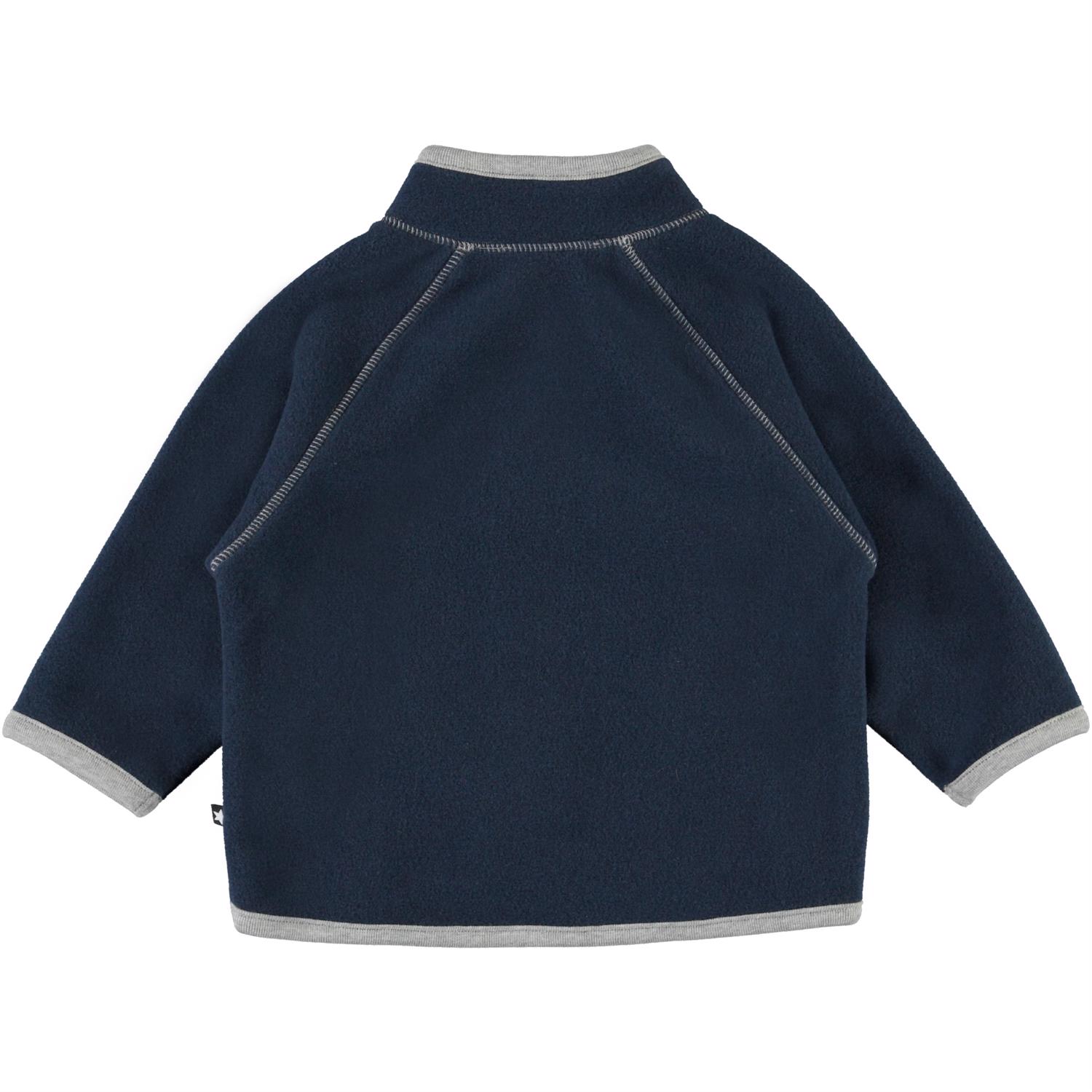 Uni Summer Night Baby fleece jacket in blue with mitten pockets Molo