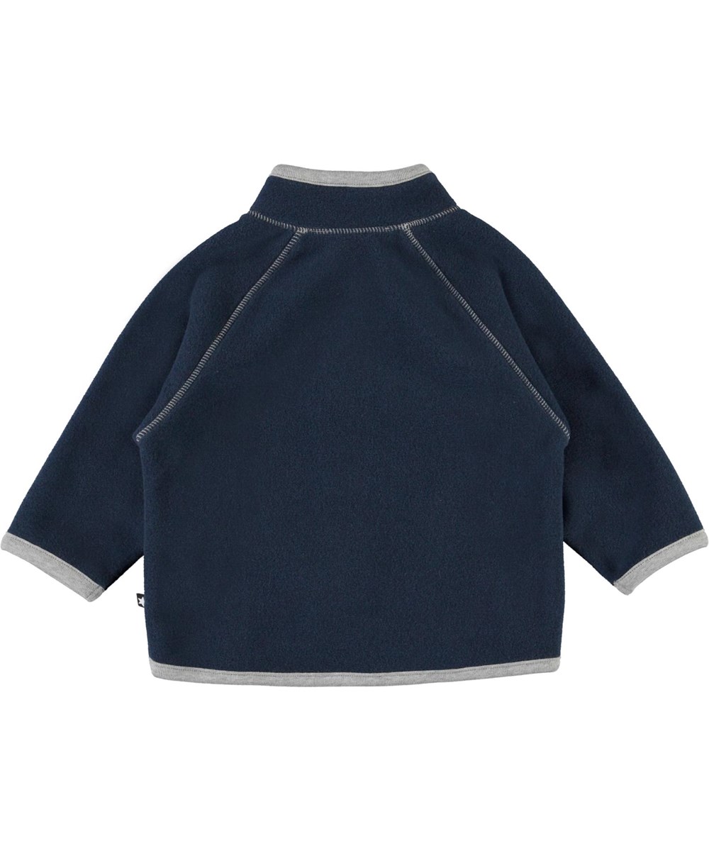 Uni Summer Night Baby fleece jacket in blue with mitten pockets Molo