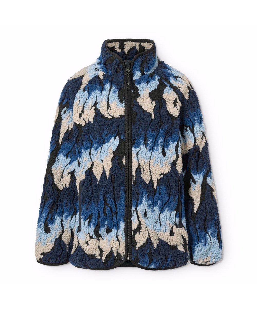 Unique - Ingenuity Cool - Soft fleece jacket for children made of recycled polyester with matching ribbed edges and lined with soft cotton. The jacket's weave looks like flames in blue and beige shades.