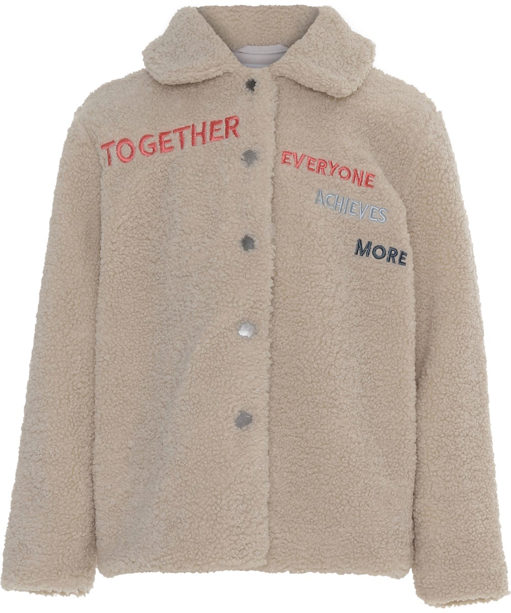 Uri - Lunar Rock - Beige fleece jacket with text 