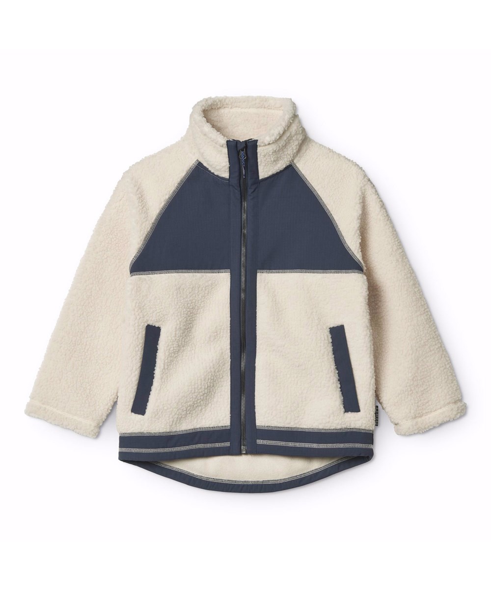 Usher - Summer Sand - Off-white fleece jacket for children in recycled polyester with front pockets and blue durable details.
