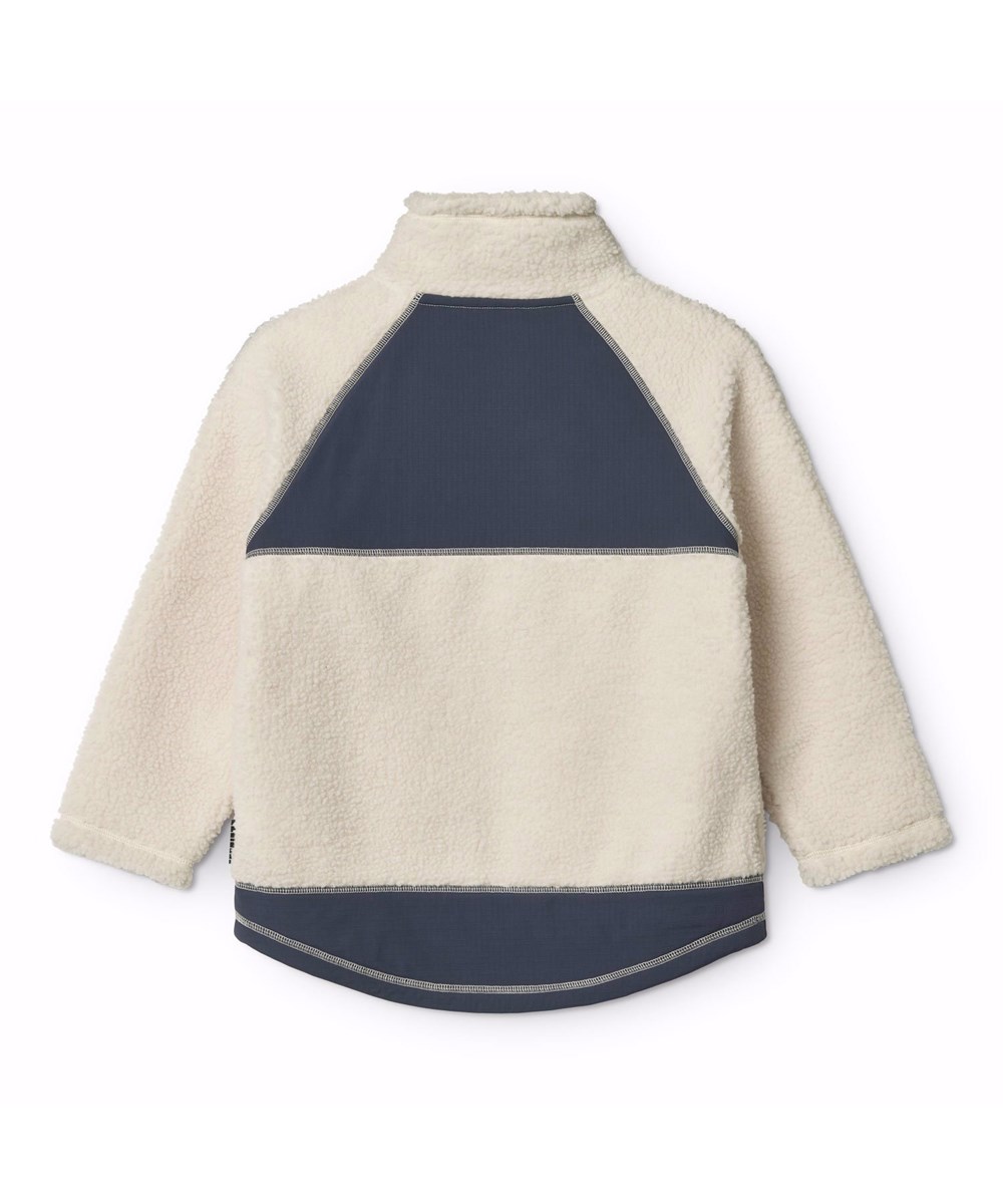 Usher - Summer Sand - Off-white fleece jacket for children in recycled polyester with front pockets and blue durable details.