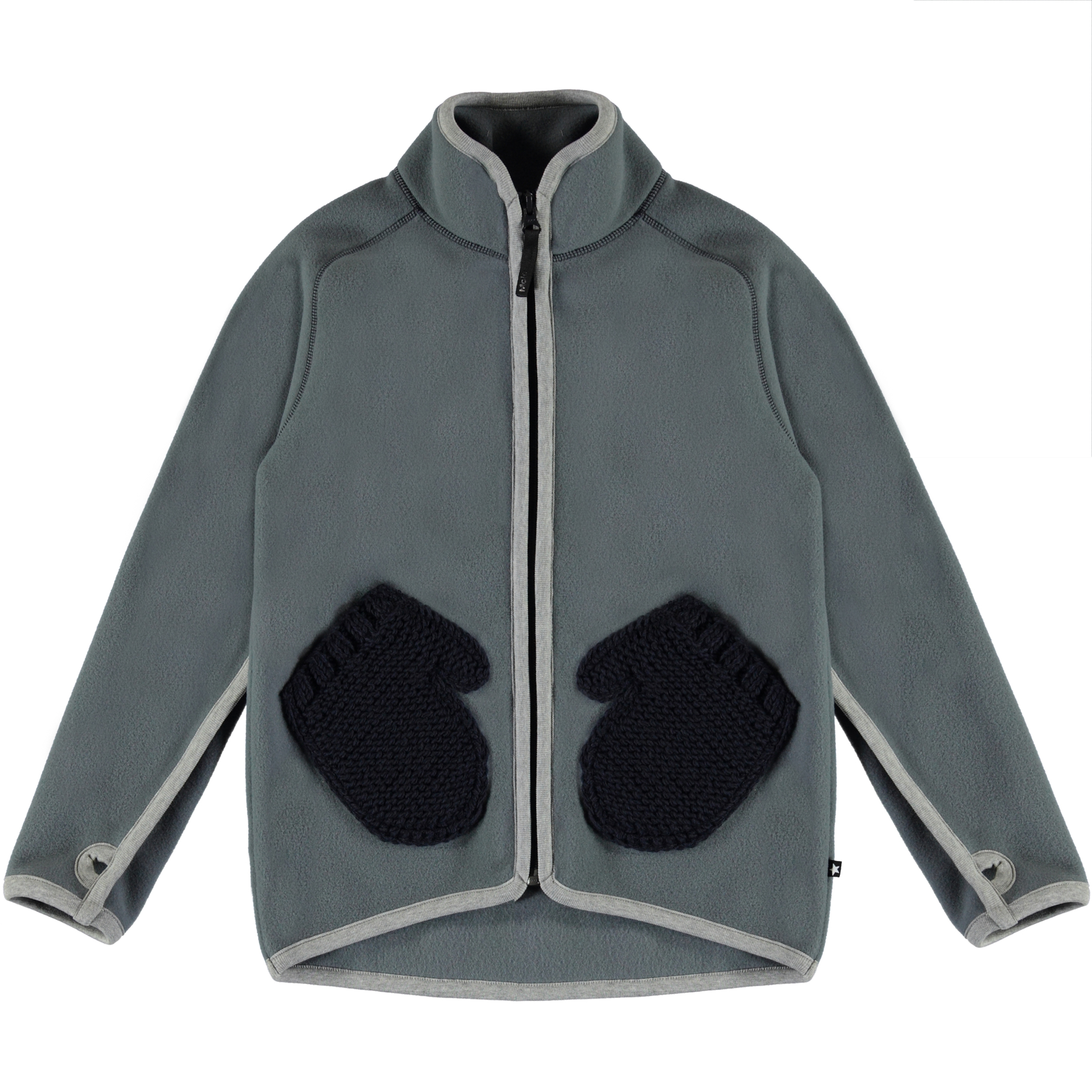 Ushi Stormy Weather Grey fleece jacket with mitten pockets Molo