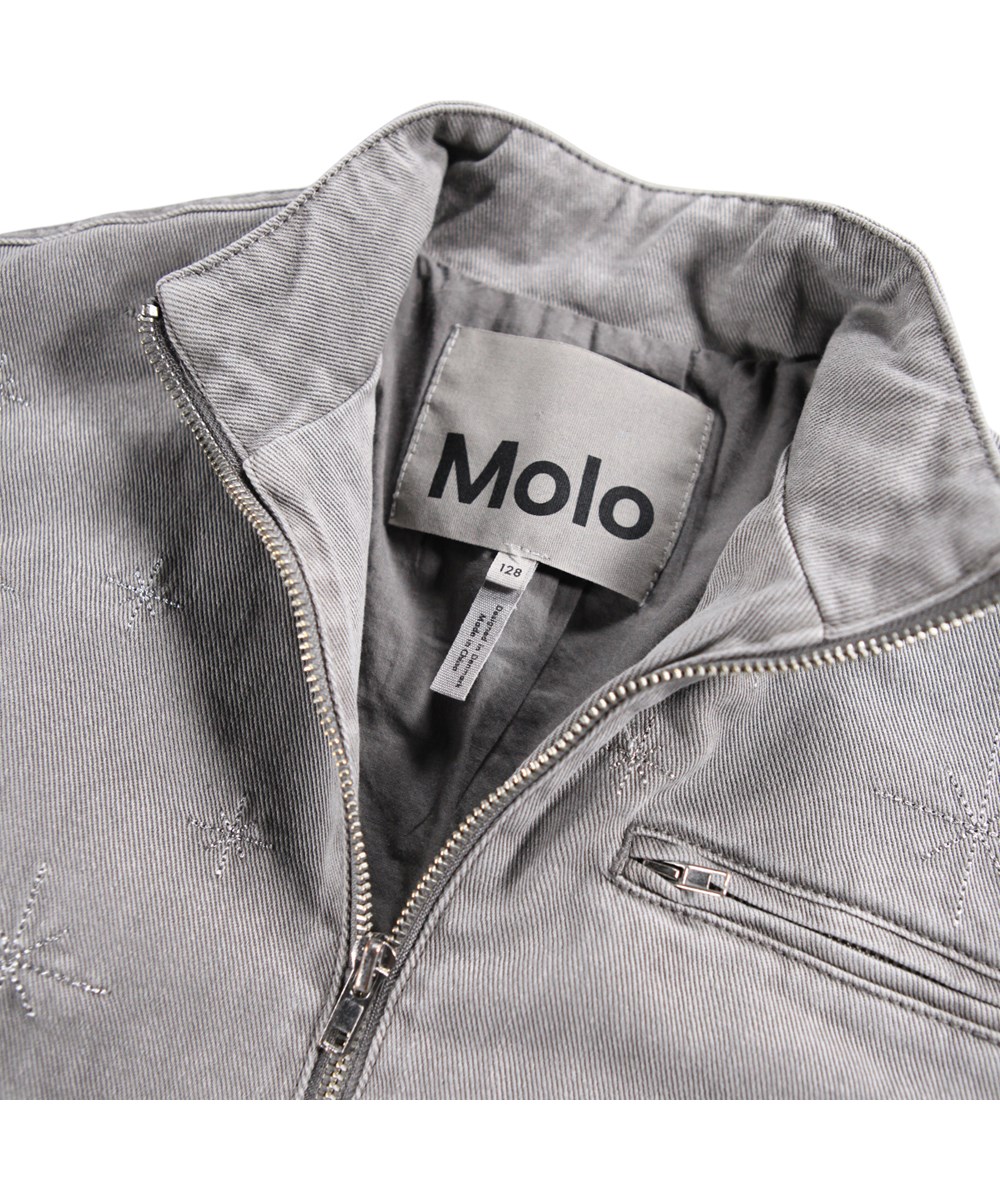 Hallie - Washed Grey - Grey denim jacket for children with embroidered stars in silver thread.